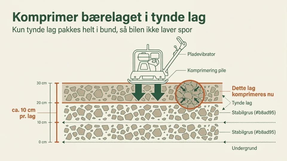 Stabilgrus komprimeres i tynde lag, lag for lag, med en pladevibrator.