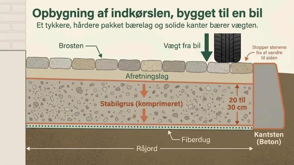 Tværsnit af en indkørsel der bærer en bil, med tykt komprimeret stabilgrus, fiberdug, afretningslag, brosten og en kantsten i beton.
