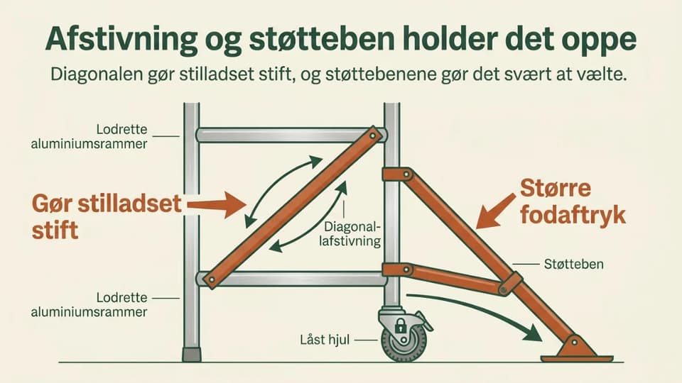 Nærbillede af et støtteben og en diagonal afstivning på et rullestillads.