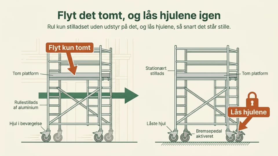 Et tomt rullestillads rulles langs en facade på låsbare hjul.
