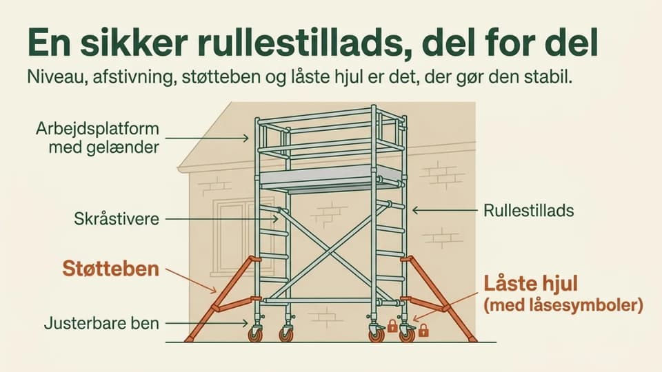 Et rullestillads ved en facade med ben i vater, diagonaler, støtteben, låste hjul og en platform med rækværk.