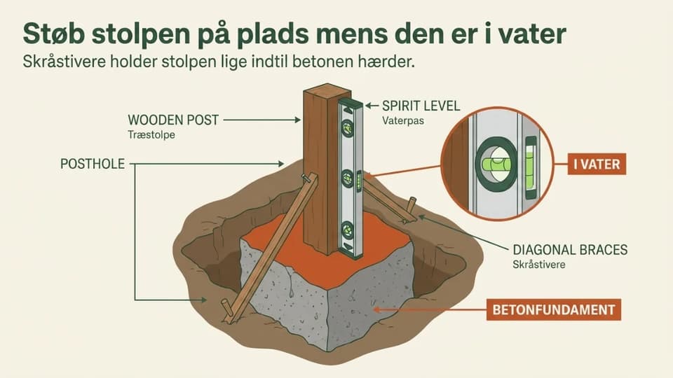 En hegnsstolpe stillet i lod og støbt fast i beton, set i tværsnit med skråstivere.
