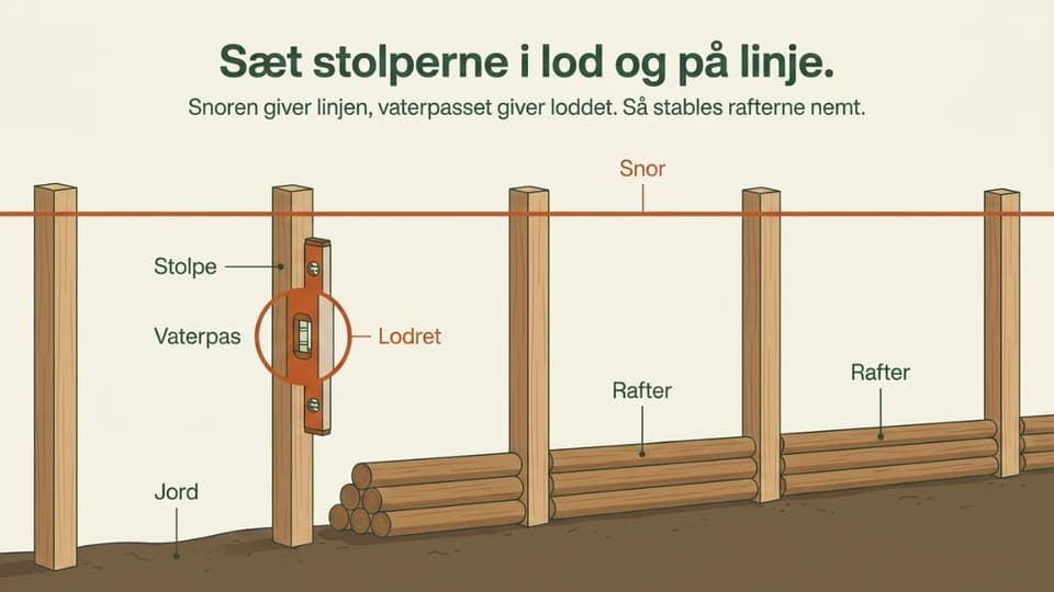 Et raftehegn under opbygning med kraftige stolper i lod langs en spændt snor, klar til de første liggende rafter.