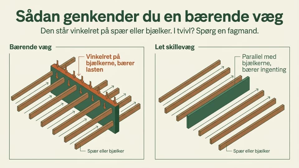 Diagram der viser hvordan man kender en bærende væg, som står vinkelret på spær eller bjælker.