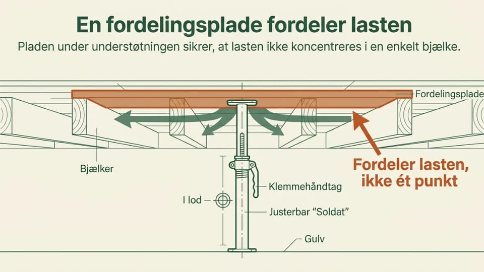En justerbar støtte spændt mellem gulv og loft mod et fordelende bræt, set tæt på.