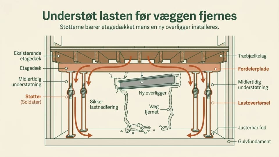 Tværsnit af en bærende væg under nedrivning, med soldater på begge sider mod et fordelende bræt og en ny overligger.