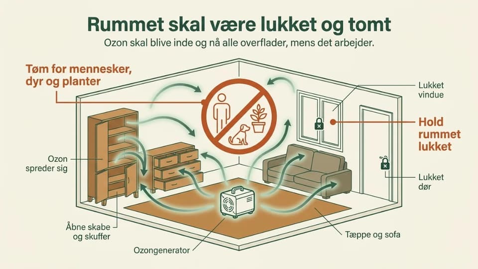 Et lukket rum med en ozongenerator i midten og pile der viser ozon spredt ud i luft, skabe og tekstiler.