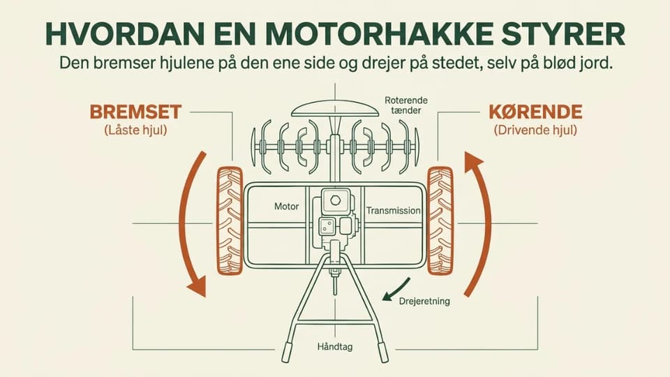 Diagram der viser, hvordan en motorbør styrer ved at bremse hjulene i hver side.