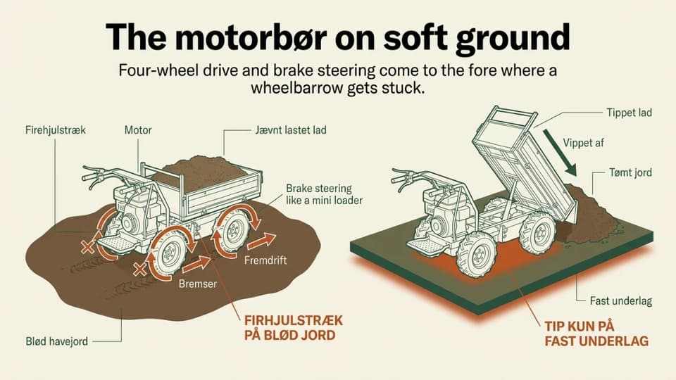 En firehjulstrukket motorbør på blød jord med et jævnt læs, der styrer ved at bremse hjulene og tipper på fast grund.