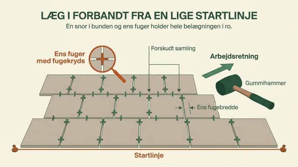 Fliser lagt i forskudt forbandt fra en lige startkant med ens fuger holdt af fugekryds.
