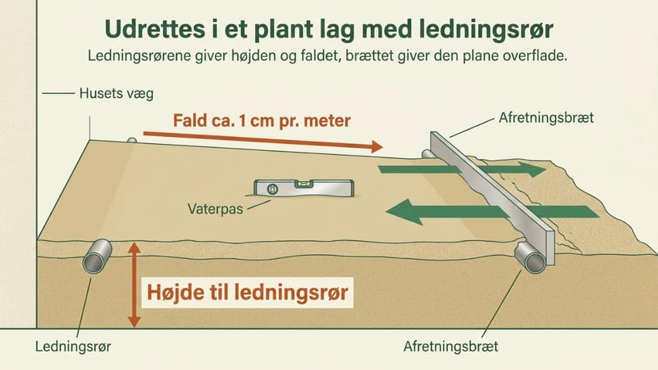 Afretning af et sandlag med to styringsrør og et afretterbræt der trækkes hen over.