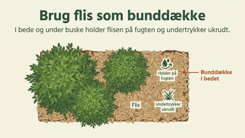 Frisk flis lagt ud som bunddække i et bed omkring nogle buske.