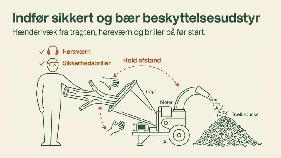 En person der fodrer en flishugger sikkert, med hænderne væk fra tragten og værnemidler på.