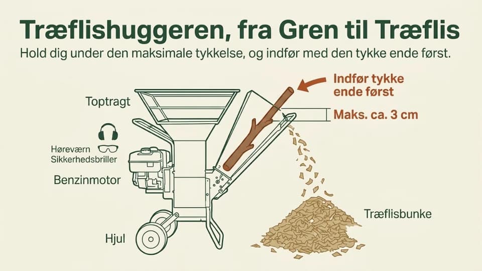 En benzindreven flishugger med en gren ført ind med tykenden først, flis der kommer ud, og symboler for høreværn og briller.