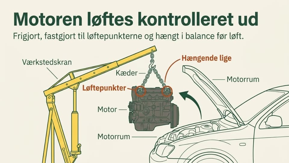 En værkstedskran der løfter en bilmotor ud af et motorrum, med kæder i løftepunkterne og lasten balanceret.