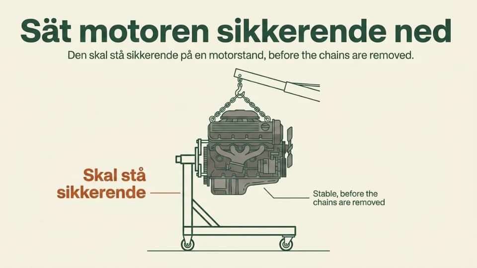 En motor sænket kontrolleret ned på en motorstand efter løftet.