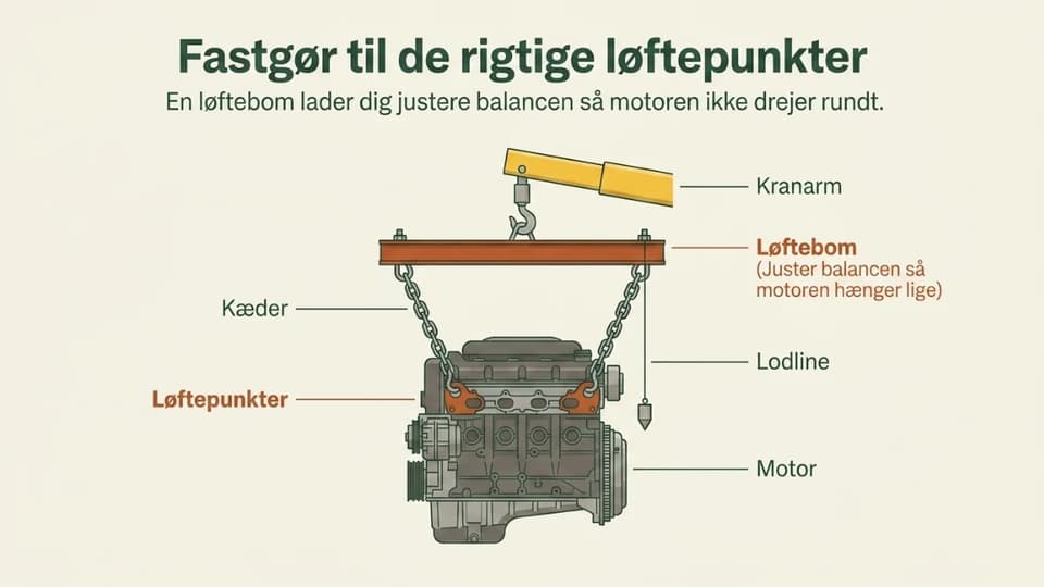 Nærbillede af kæder fastgjort i en motors løftepunkter under en løftebjælke, så lasten hænger lige.