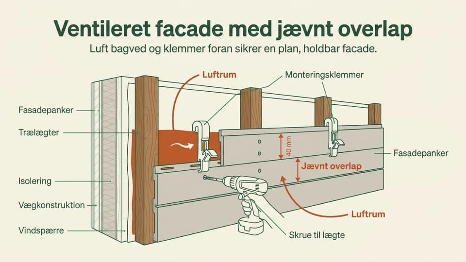 Fibercement facadeplanker på lodrette lægter med luftspalte, hvor klemmer holder en planke i overlap.