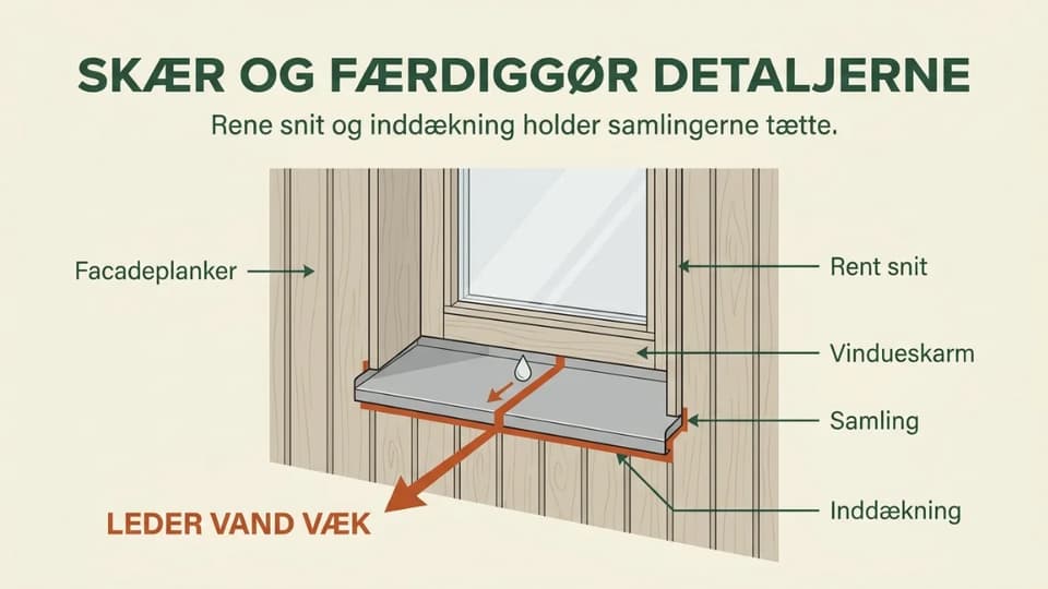 Detalje ved et vindue hvor facadeplanker er skåret til og afsluttet med en inddækning.