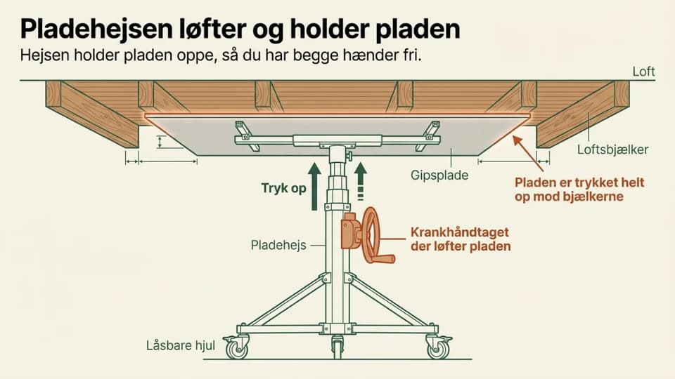 Et pladehejs der presser en gipsplade plant op mod et loft, mens en person skruer.