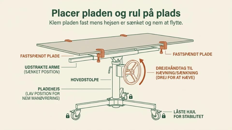En gipsplade lagt på pladehejsets arme og spændt fast, set tæt på.