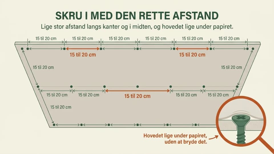 Diagram over skrueafstand på en loftgipsplade langs kanter og midte.