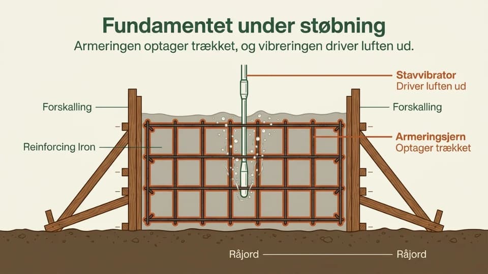 Tværsnit af et fundament under støbning med forskalling, armering, våd beton og en stavvibrator.