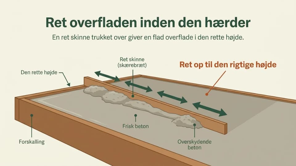 En lige liste trækkes hen over den våde beton for at afrette overfladen i den rigtige højde.